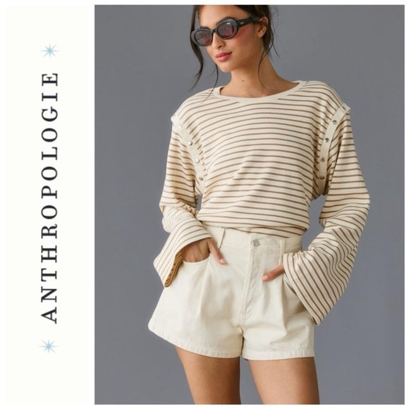 Anthropologie Maeve Slouchy Striped Long-Sleeve Oversized Casual Tee Size XS - Picture 1 of 15